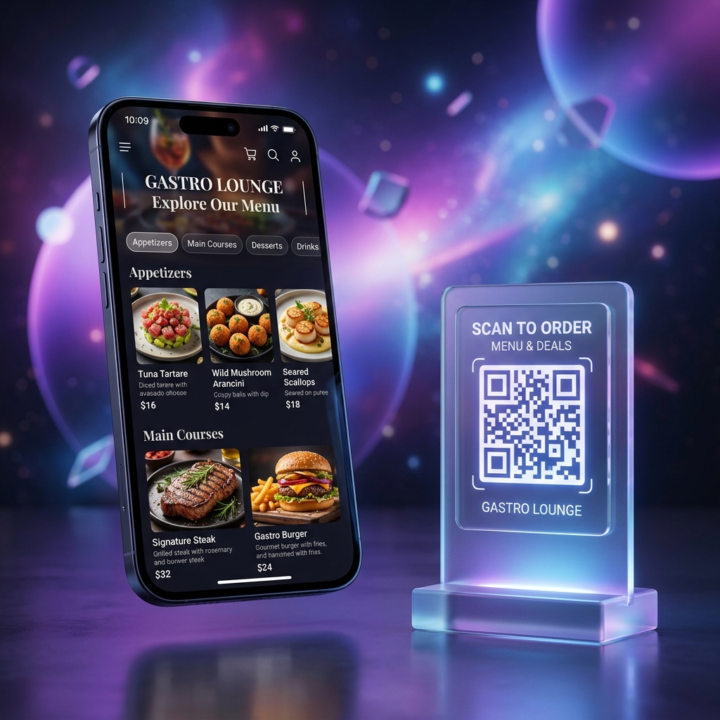 Tap2Serve mobile app showing a restaurant digital menu and QR code